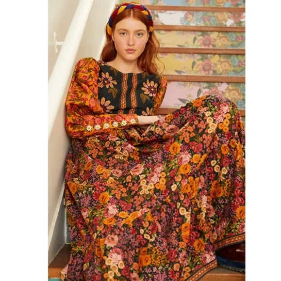 Farm Rio Flowers Garden Floral Maxi Dress Long Puff Sleeve